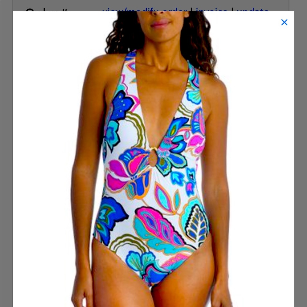 Blue & Pink Floral Plunge One-Piece -